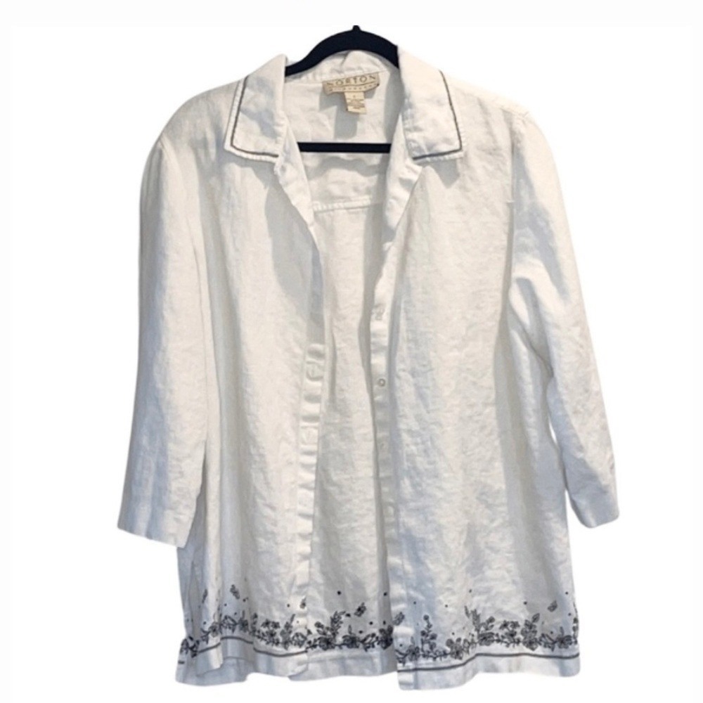 Maggie McNaughton Floral Embroidered Linen Button Up Shirt 2X White